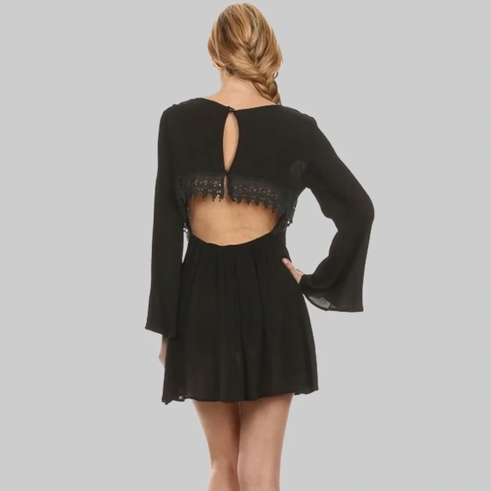 Bell Sleeve Backless Crochet Lace Trim Dress Black - Picture 4 of 6